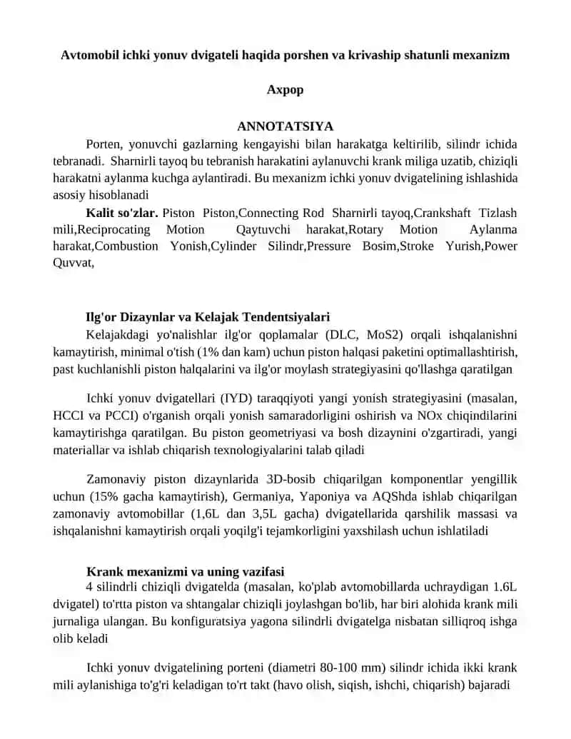 Avtomobil ichki yonuv dvigateli haqida porshen va krivaship shatunli mexanizm