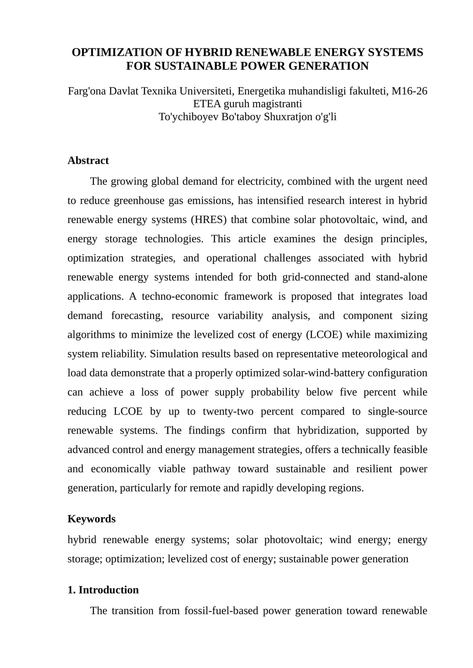 OPTIMIZATION OF HYBRID RENEWABLE ENERGY SYSTEMS FOR SUSTAINABLE POWER GENERATION 1