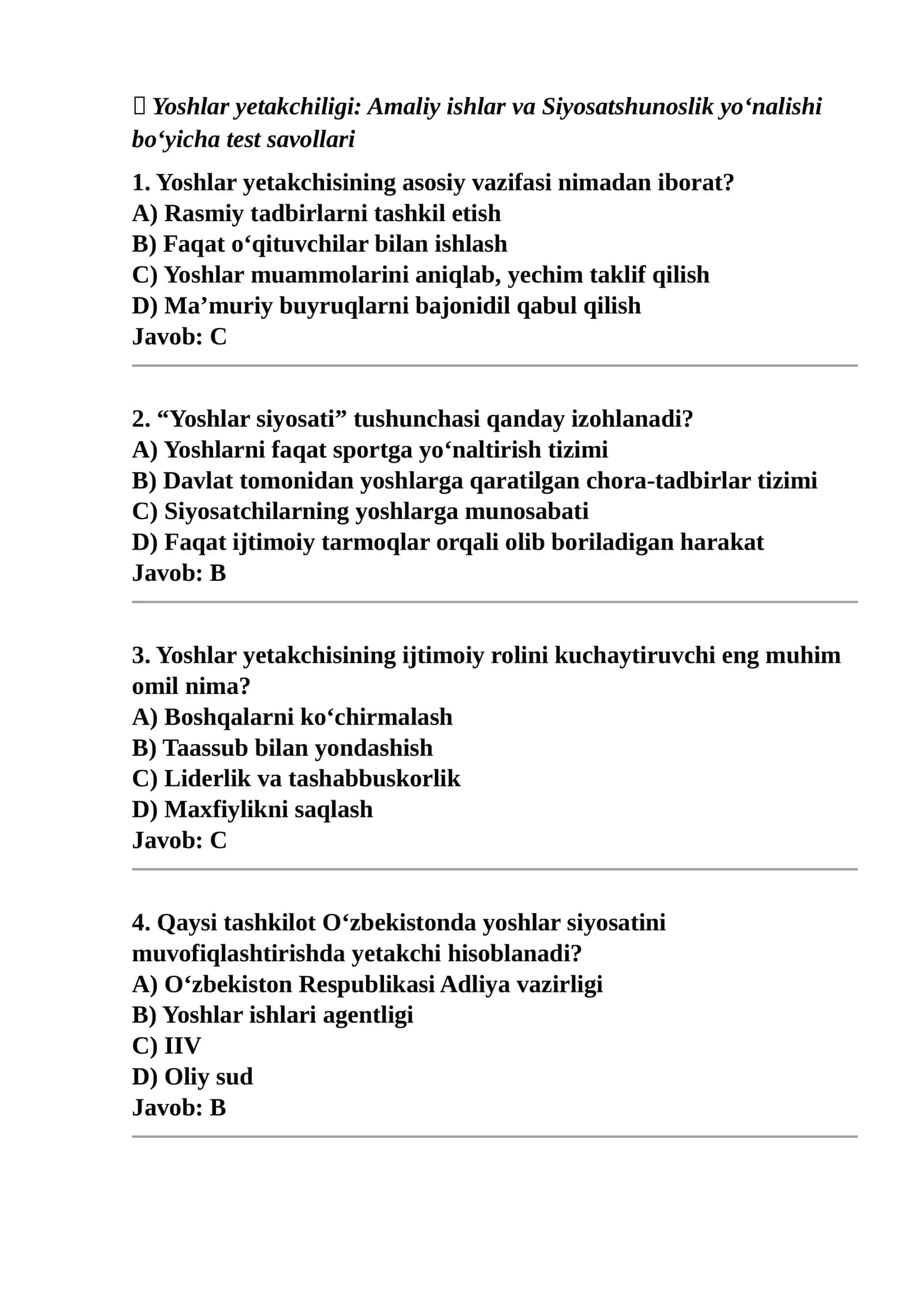 Amaliy ishlar va Siyosatshunoslik yo‘nalishi bo‘yicha test savollari 1