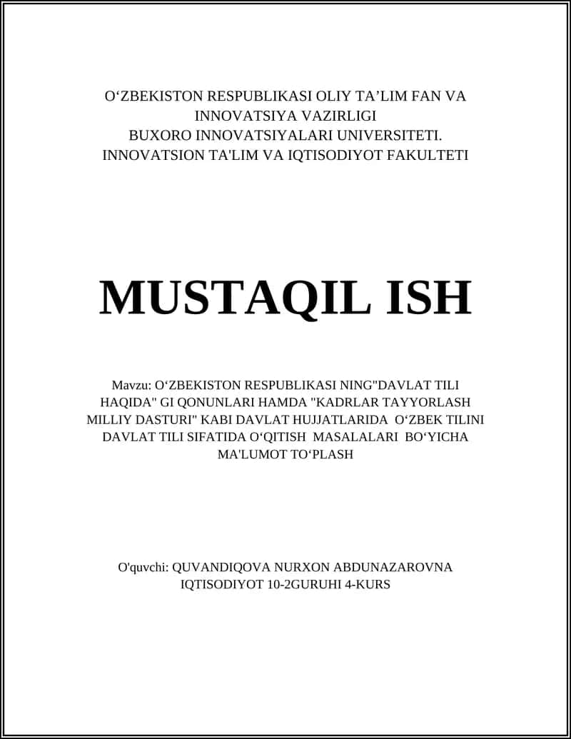 OʻZBEKISTON RESPUBLIKASI NING"DAVLAT TILI HAQIDA" GI QONUNLARI HAMDA "KADRLAR TAYYORLASH MILLIY DASTURI" KABI DAVLAT HUJJATLARIDA OʻZBEK TILINI DAVLAT TILI SIFATIDA OʻQITISH MASALALARI BOʻYICHA MA'LUMOT TOʻPLASH 1