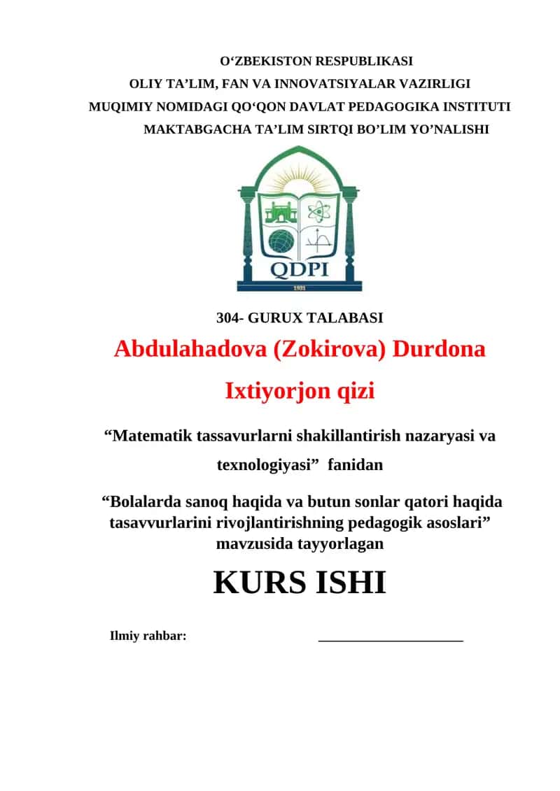 Bolalarda sanoq haqida va butun sonlar qatori haqida tasavvurlarini rivojlantirishning pedagogik asoslari 1