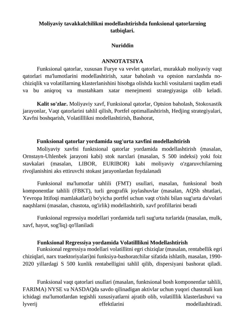 Moliyaviy tavakkalchilikni modellashtirishda funksional qatorlarning tatbiqlari 1