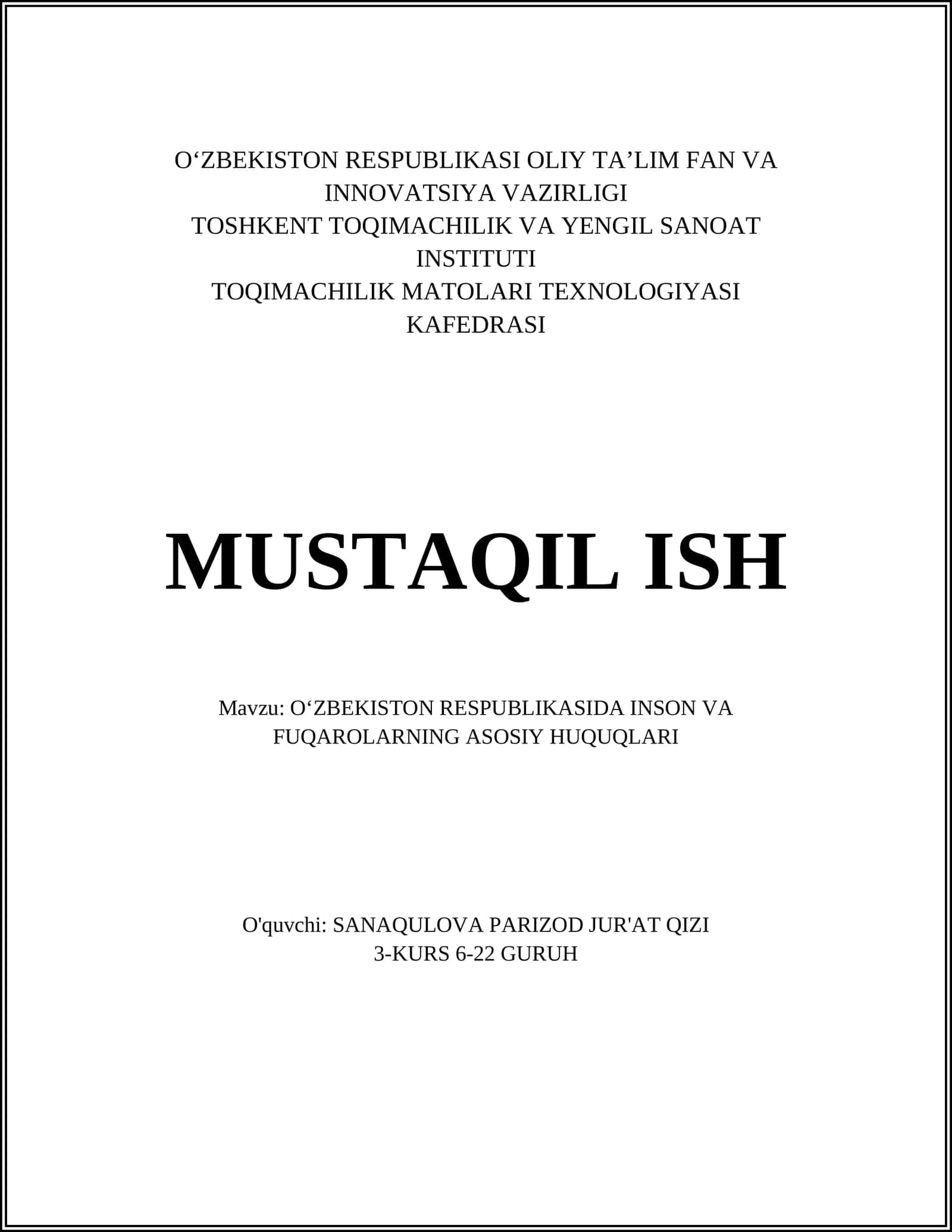 O‘ZBEKISTON RESPUBLIKASIDA INSON VA FUQAROLARNING ASOSIY HUQUQLARI 1