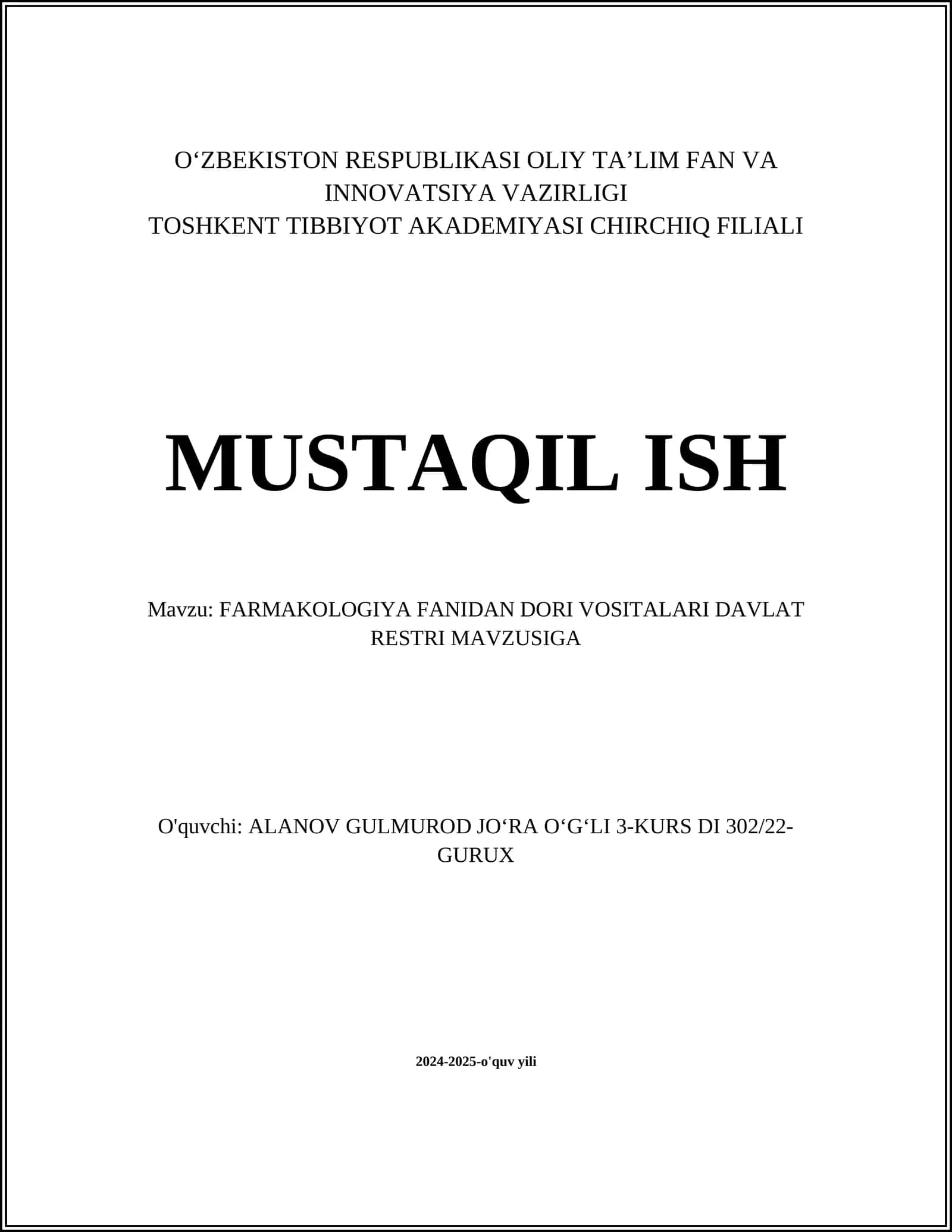 FARMAKOLOGIYA FANIDAN DORI VOSITALARI DAVLAT RESTRI MAVZUSIGA 1