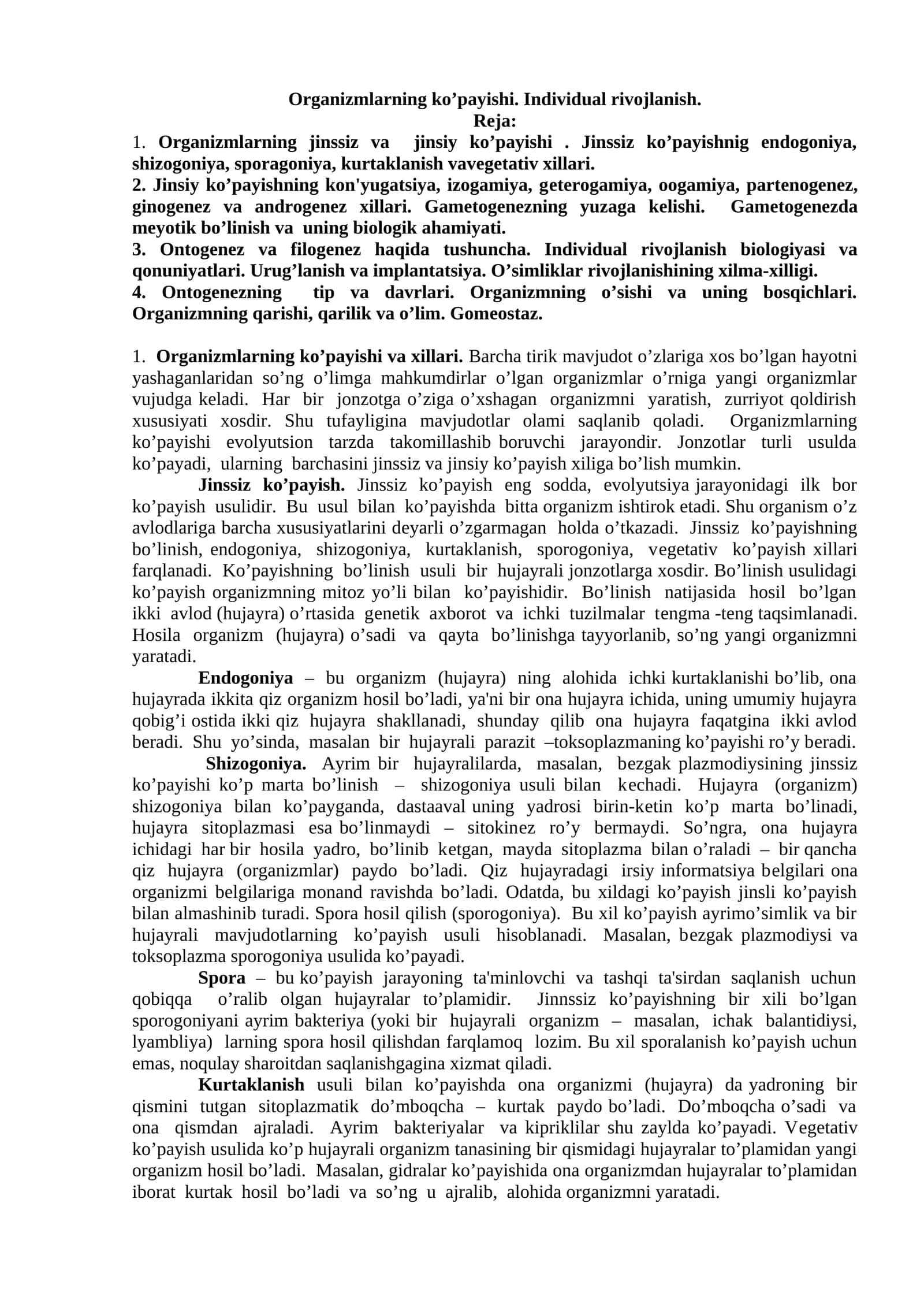 Organizmlarning ko’payishi. Individual rivojlanish 1