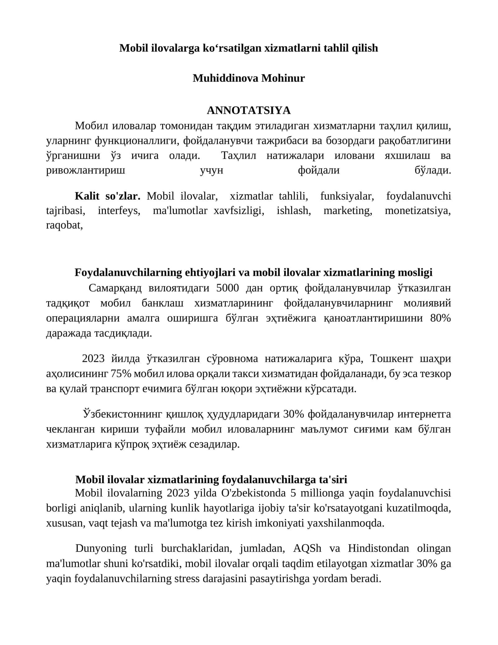 Mobil ilovalarga koʻrsatilgan xizmatlarni tahlil qilish 1