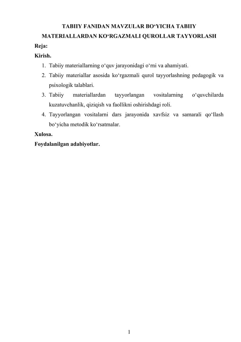 Tabiiy fanidan mavzular bo'yicha tabiiy materiallardan ko'rgazmali qurollar tayyorlash 1