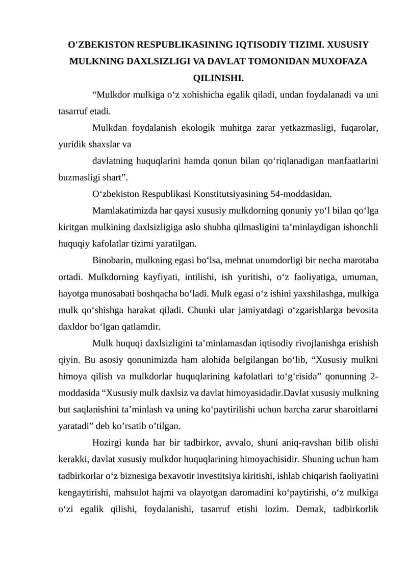 O'ZBEKISTON RESPUBLIKASINING IQTISODIY TIZIMI. XUSUSIY MULKNING DAXLSIZLIGI VA DAVLAT TOMONIDAN MUXOFAZA QILINISHI. 1