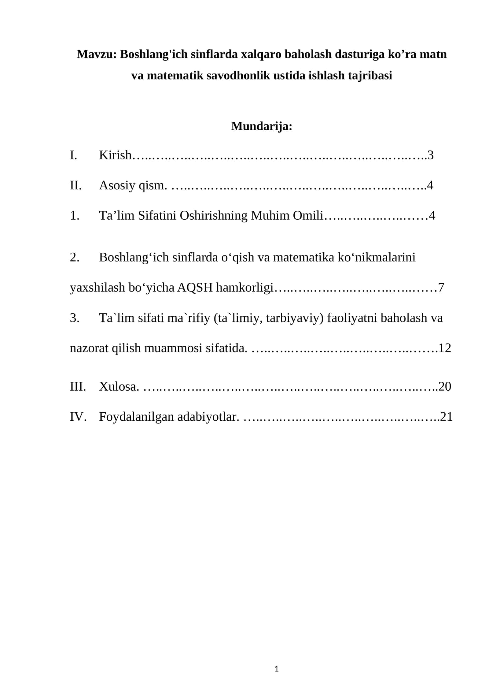 Boshlang'ich sinflarda xalqaro baholash dasturiga ko’ra matn va matematik savodhonlik ustida ishlash tajribasi 1