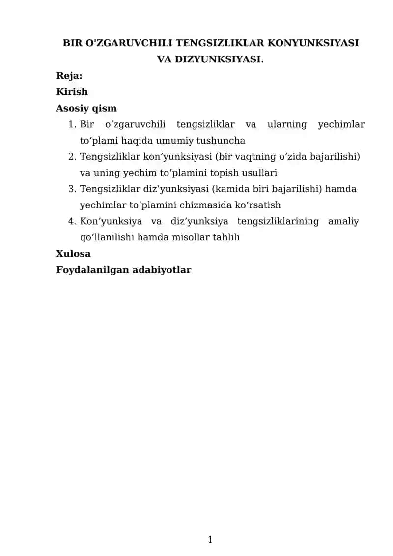 Bir O'zgaruvchili Tengsizliklar Konyunksiyasi va Dizyunksiyasi 1