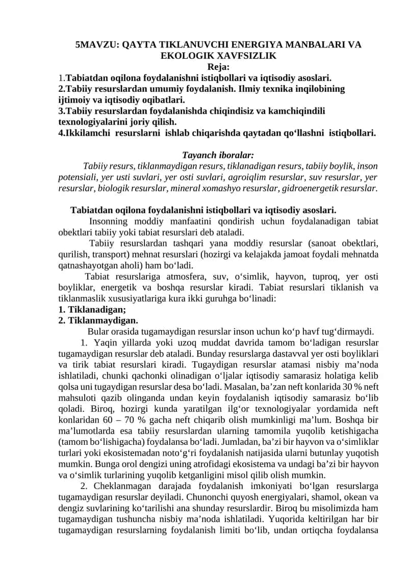 QAYTA TIKLANUVCHI ENERGIYA MANBALARI VA EKOLOGIK XAVFSIZLIK 1