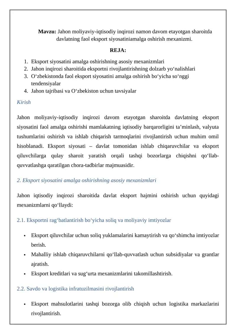 Jahon moliyaviy-iqtisodiy inqirozi namon davom etayotgan sharoitda davlatning faol eksport siyosatiniamalga oshirish mexanizmi 1