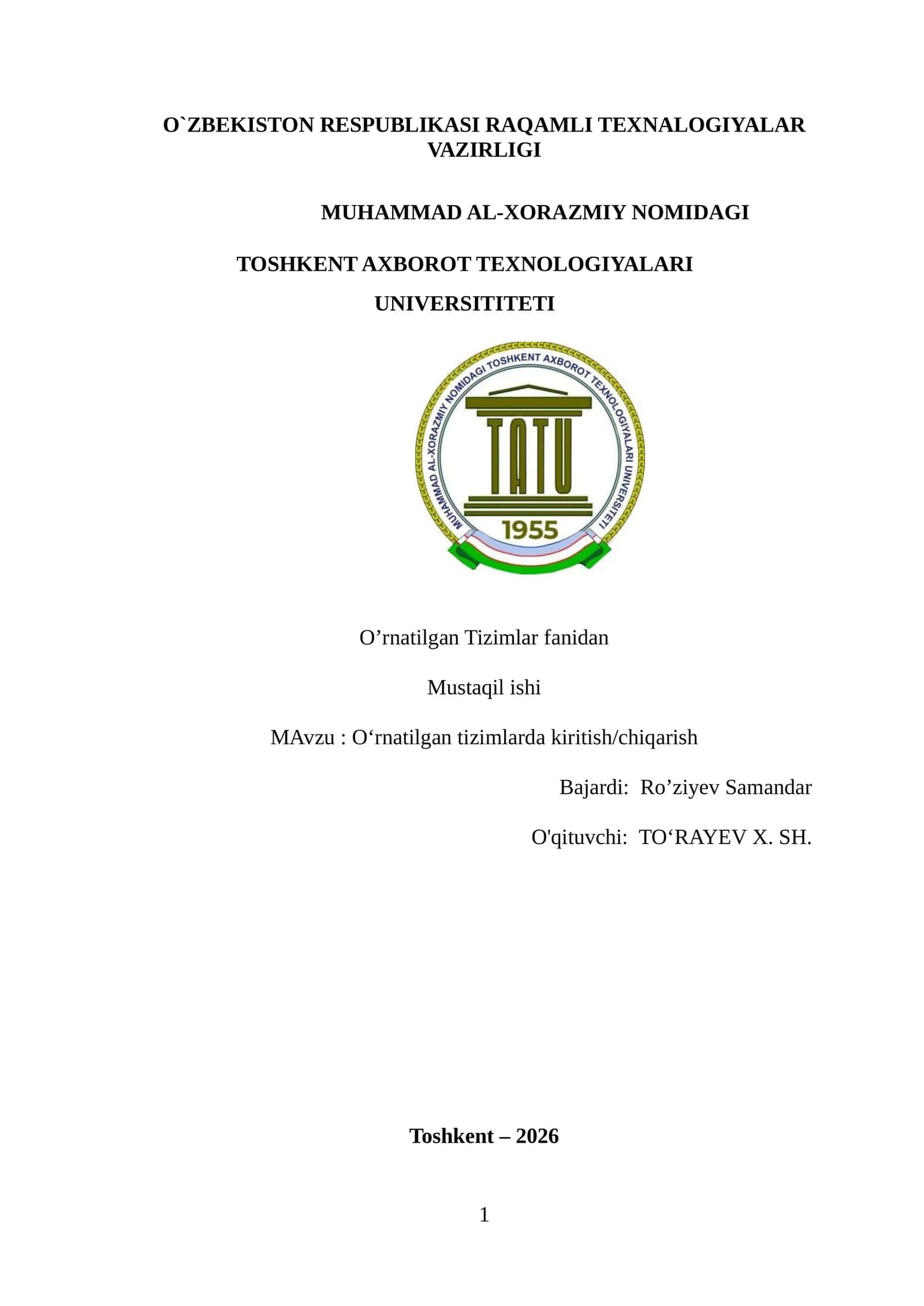 O'rnatilgan Tizimlarda Kiritish/Chiqarish 1