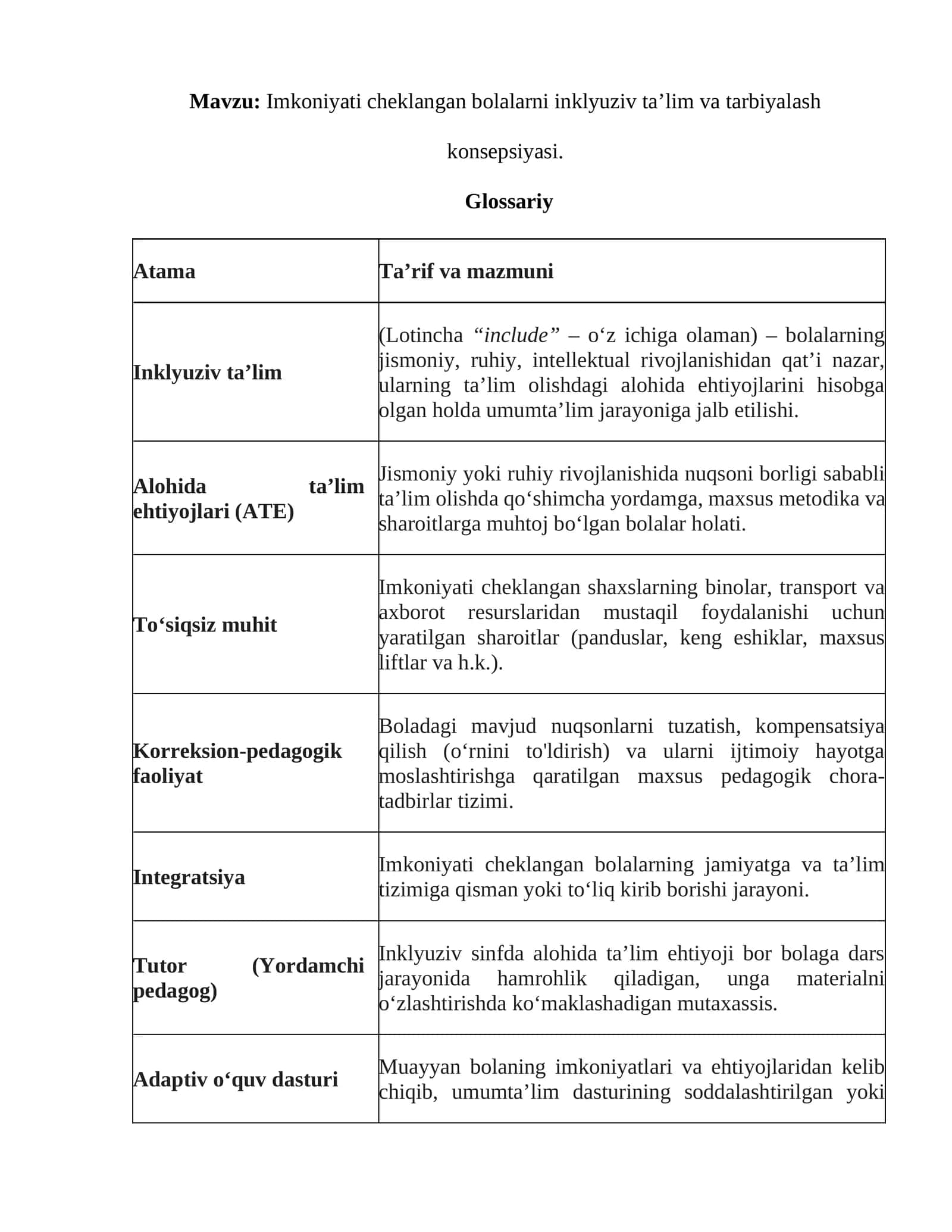 Imkoniyati cheklangan bolalarni inklyuziv ta’lim va tarbiyalash konsepsiyasi 1