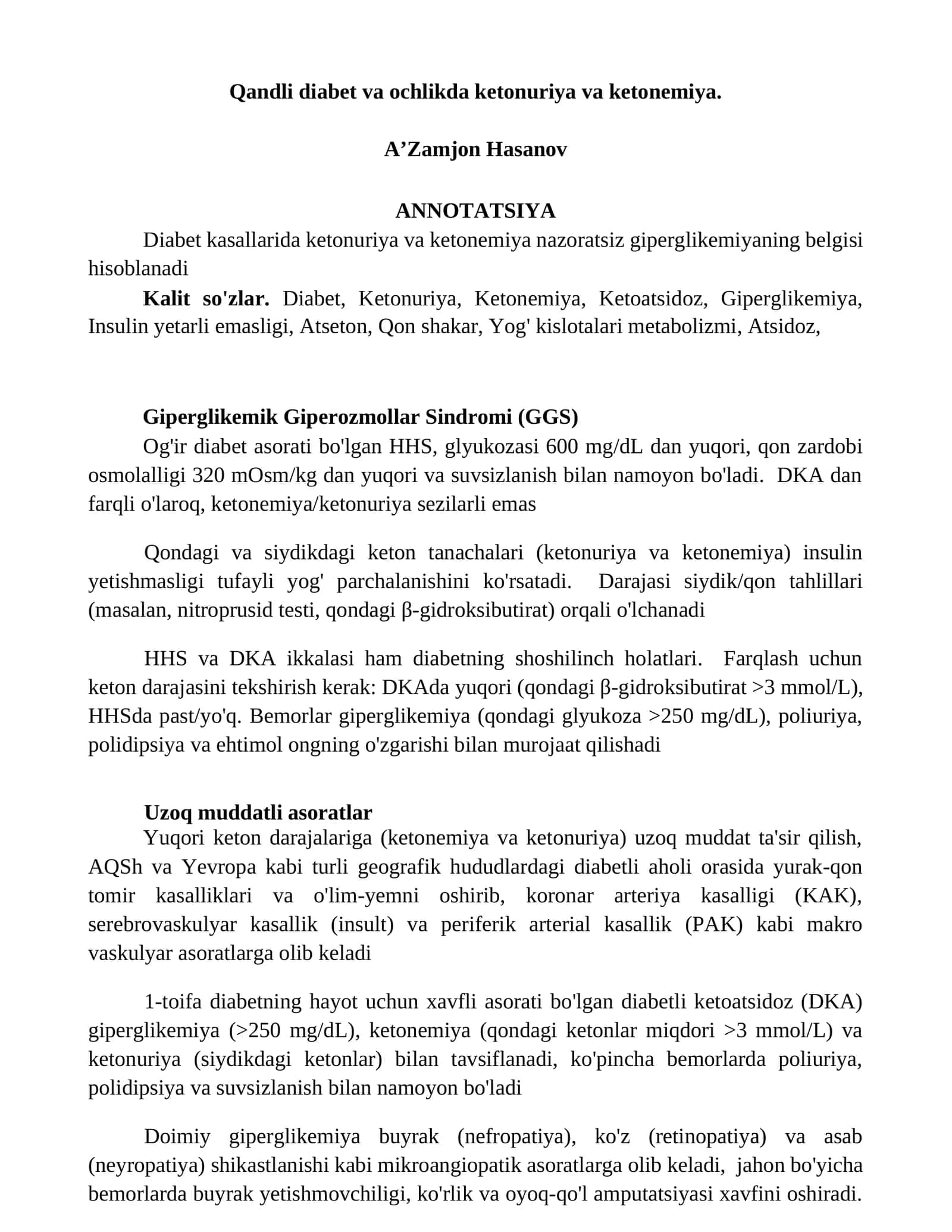 Qandli diabet va ochlikda ketonuriya va ketonemiya 1