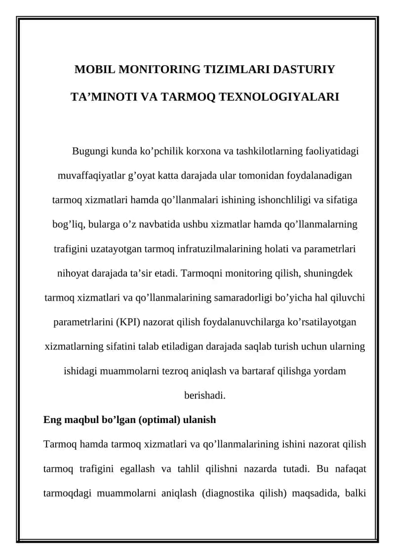 MOBIL MONITORING TIZIMLARI DASTURIY TA’MINOTI VA TARMOQ TEXNOLOGIYALARI 1