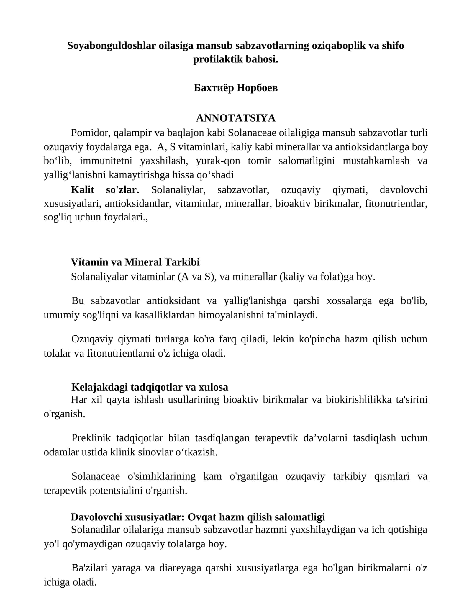 Soyabonguldoshlar oilasiga mansub sabzavotlarning oziqaboplik va shifo profilaktik bahosi 1