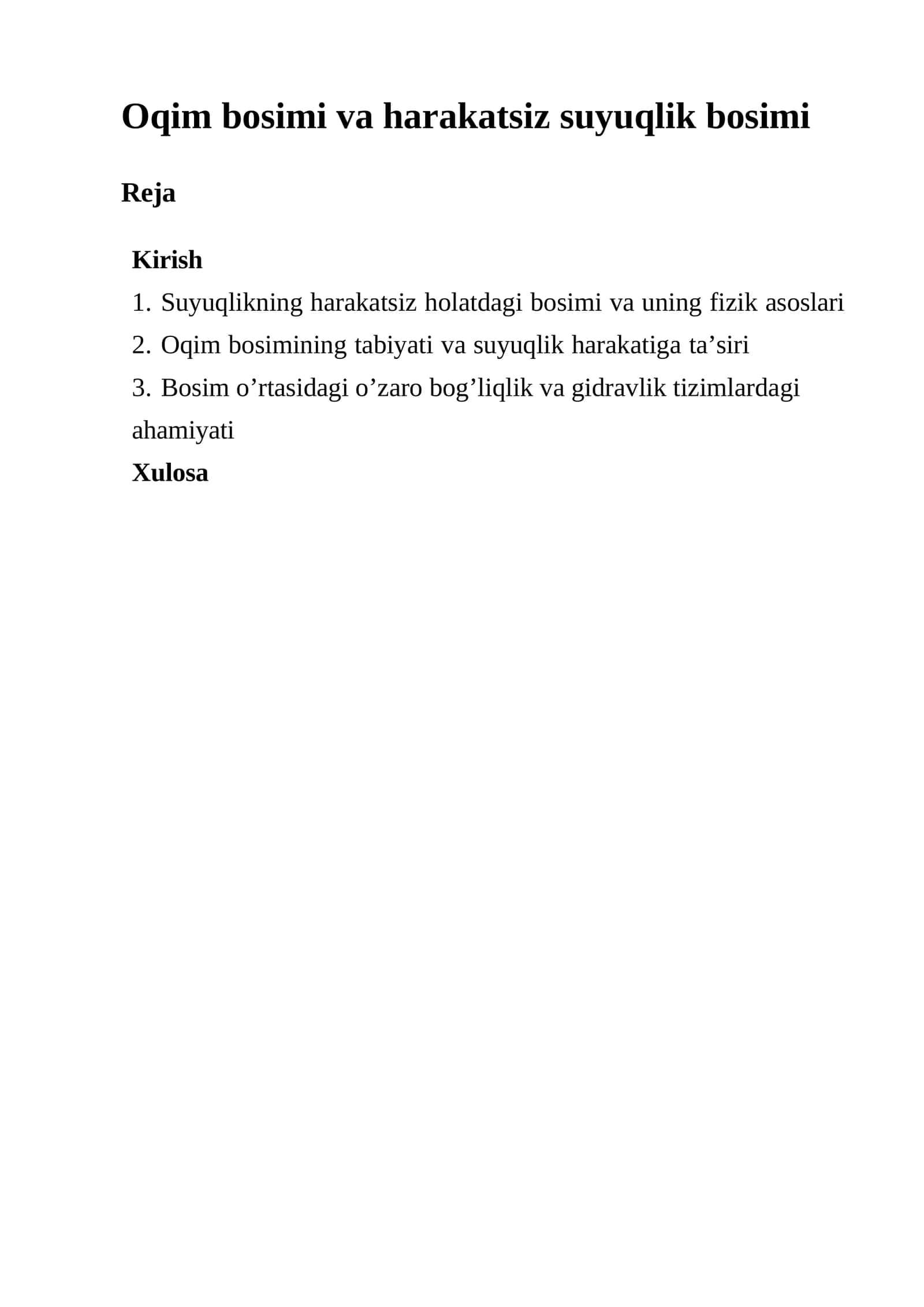 Suyuqlikning harakatsiz holatdagi bosimi va uning fizik asoslari 1