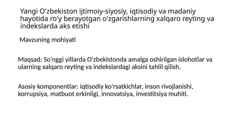 So'nggiyillarda O'zbekistonda amalga oshirilgan islohotlar va ularning xalqaro reyting va indekslarda aks etishi 1