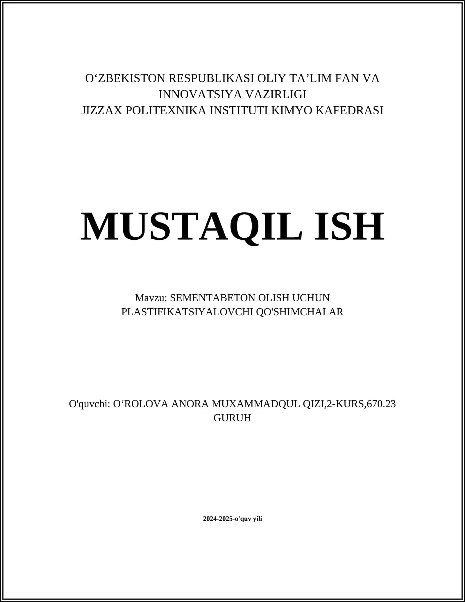 SEMENTABETON OLISH UCHUN PLASTIFIKATSIYALOVCHI QO'SHIMCHALAR 1