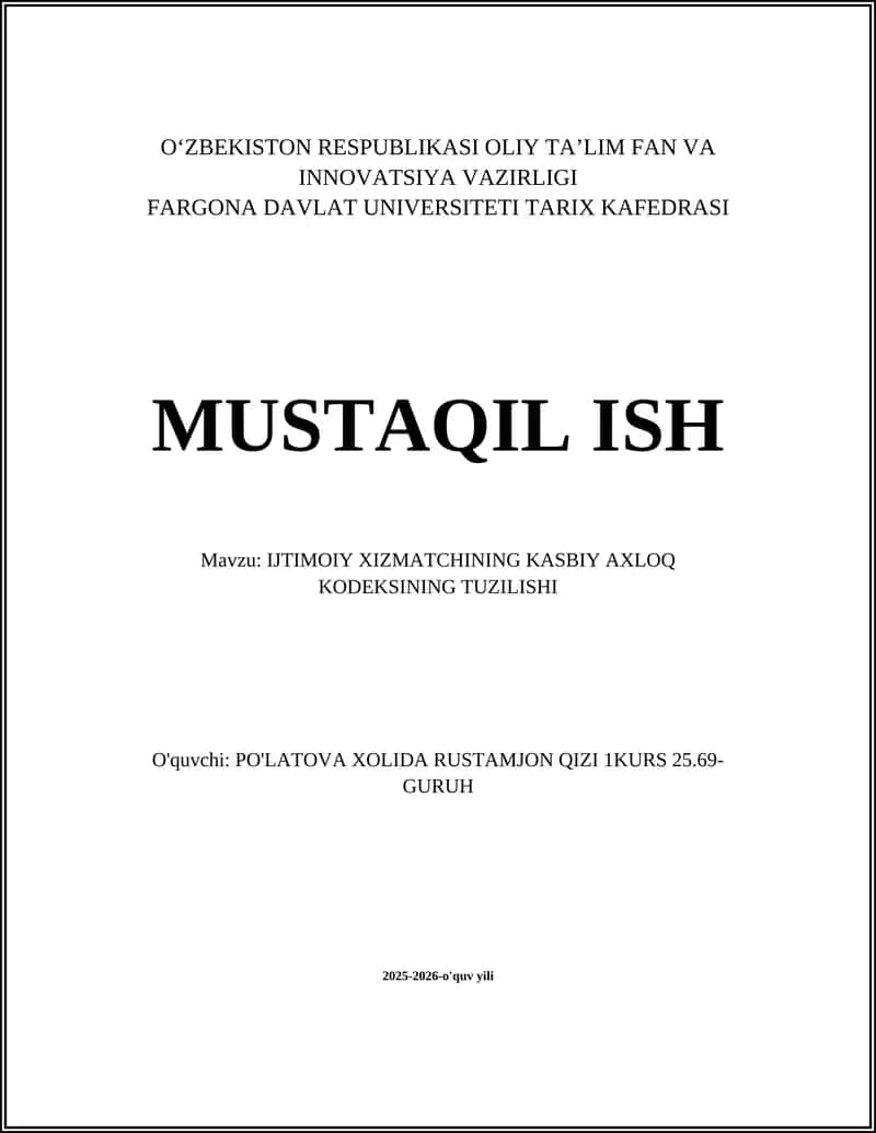 IJTIMOIY XIZMATCHINING KASBIY AXLOQ KODEKSINING TUZILISHI 1