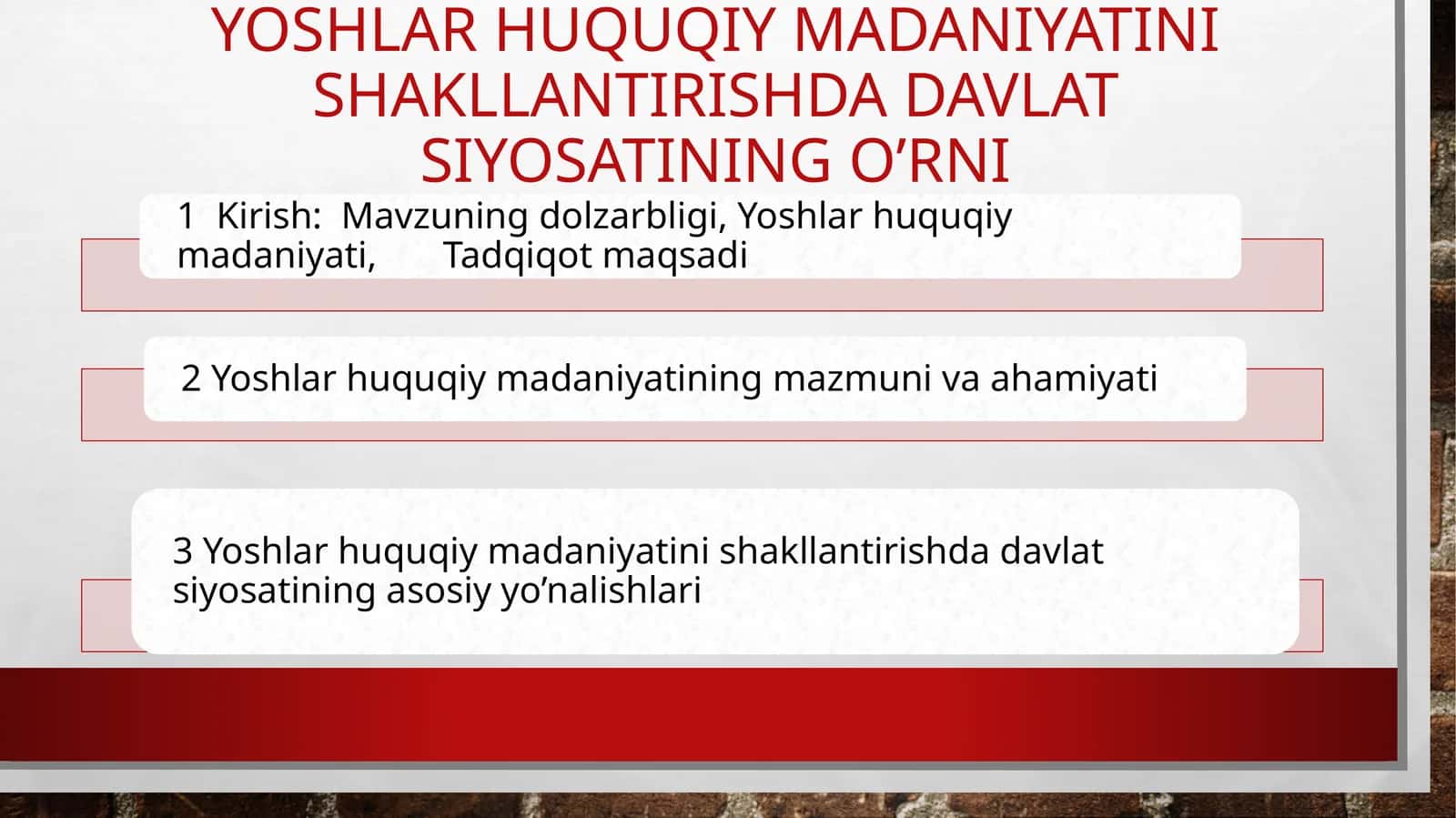 Yoshlar huquqiy madaniyatini shakllantirishda davlat siyosatining o’rni 1