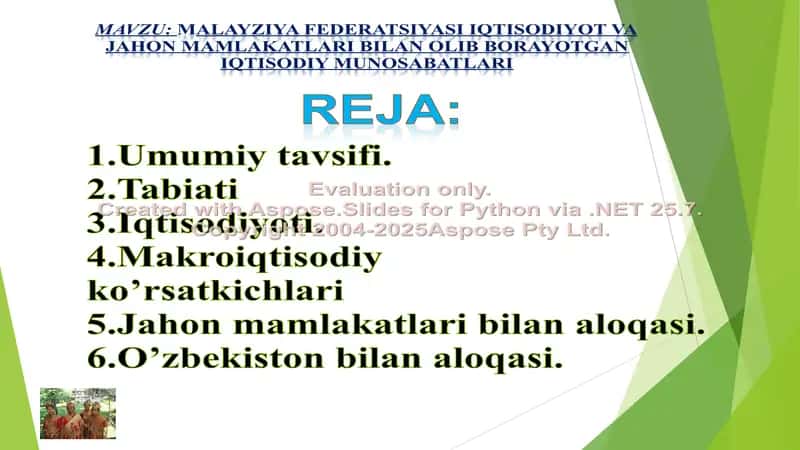 Malayziya federatsiyasi iqtisodiyot va jahon mamlakatlari bilan olib borayotgan iqtisodiy munosabatlari 1
