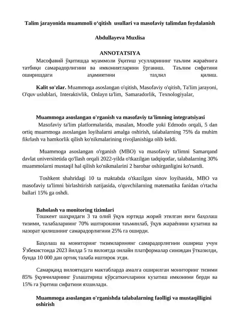 Muammogi asoslangan o'rganish va masofaviy ta'lim