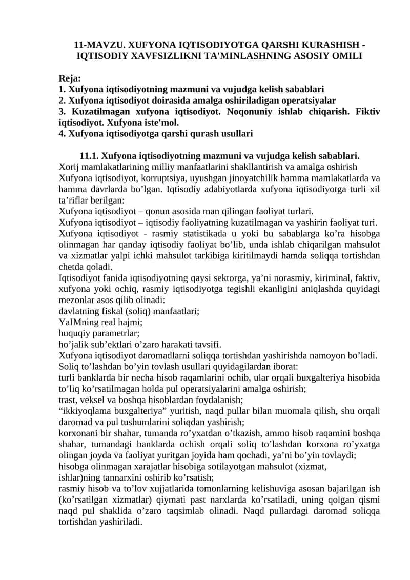 Xufyona iqtisodiyotga qarshi kurashish - iqtisodiy xavfsizlikni ta'minlashning asosiy omili 1