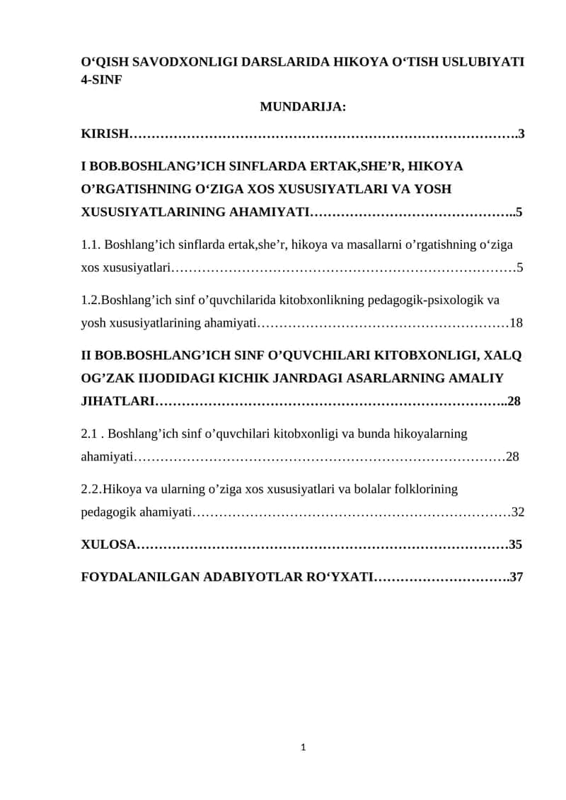 OʻQISH SAVODXONLIGI DARSLARIDA HIKOYA OʻTISH USLUBIYATI 4-SINF 1