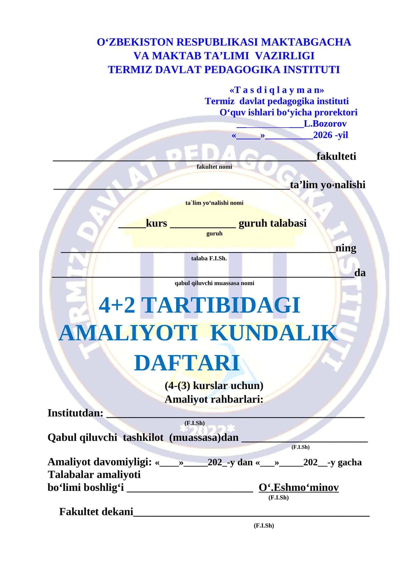 4+2 TARTIBIDAGI AMALIYOTI KUNDALIK DAFTARI 1