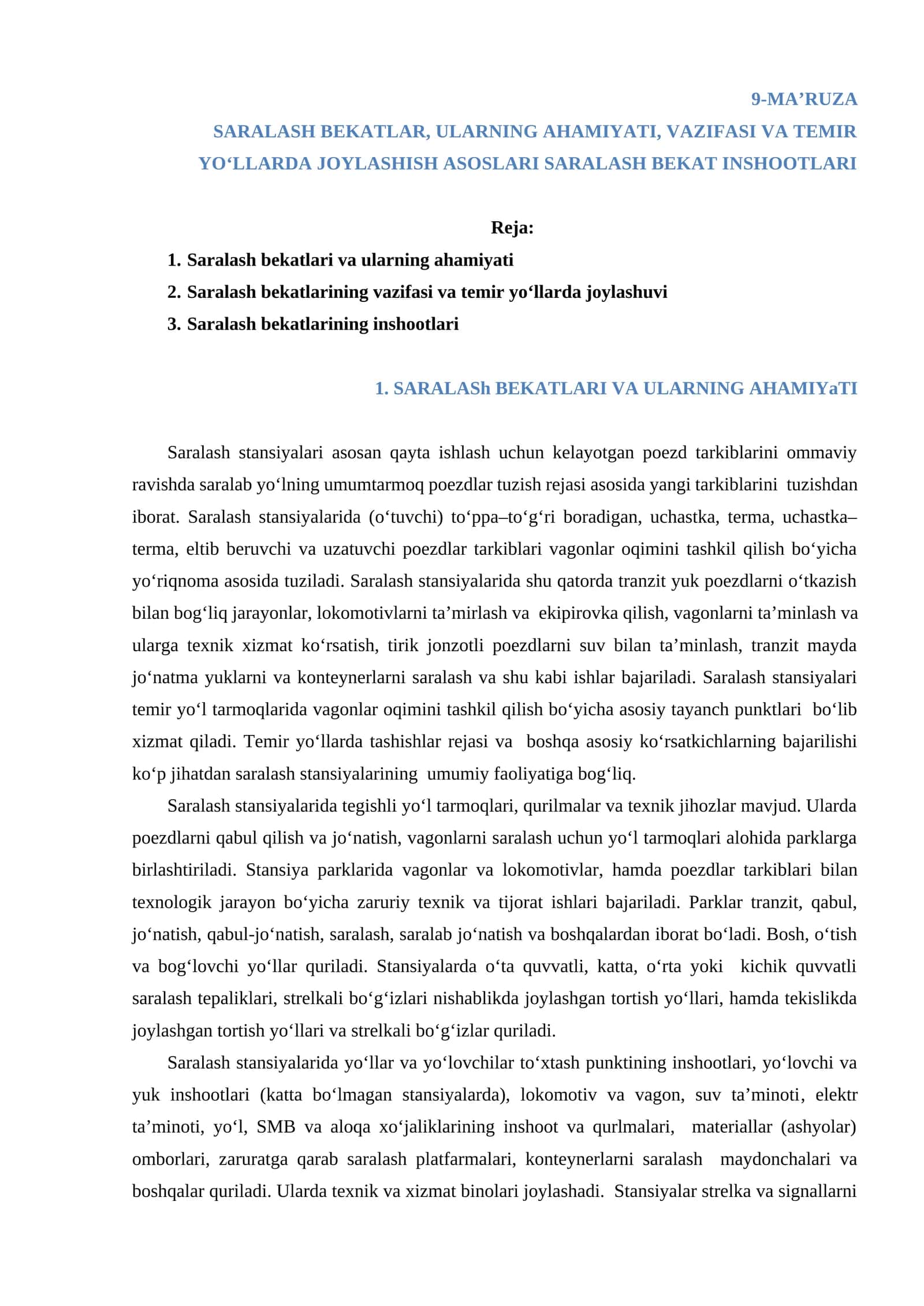 SARALASH BEKATLAR, ULARNING AHAMIYATI, VAZIFASI VA TEMIR YO‘LLARDA JOYLASHISH ASOSLARI SARALASH BEKAT INSHOOTLARI 1