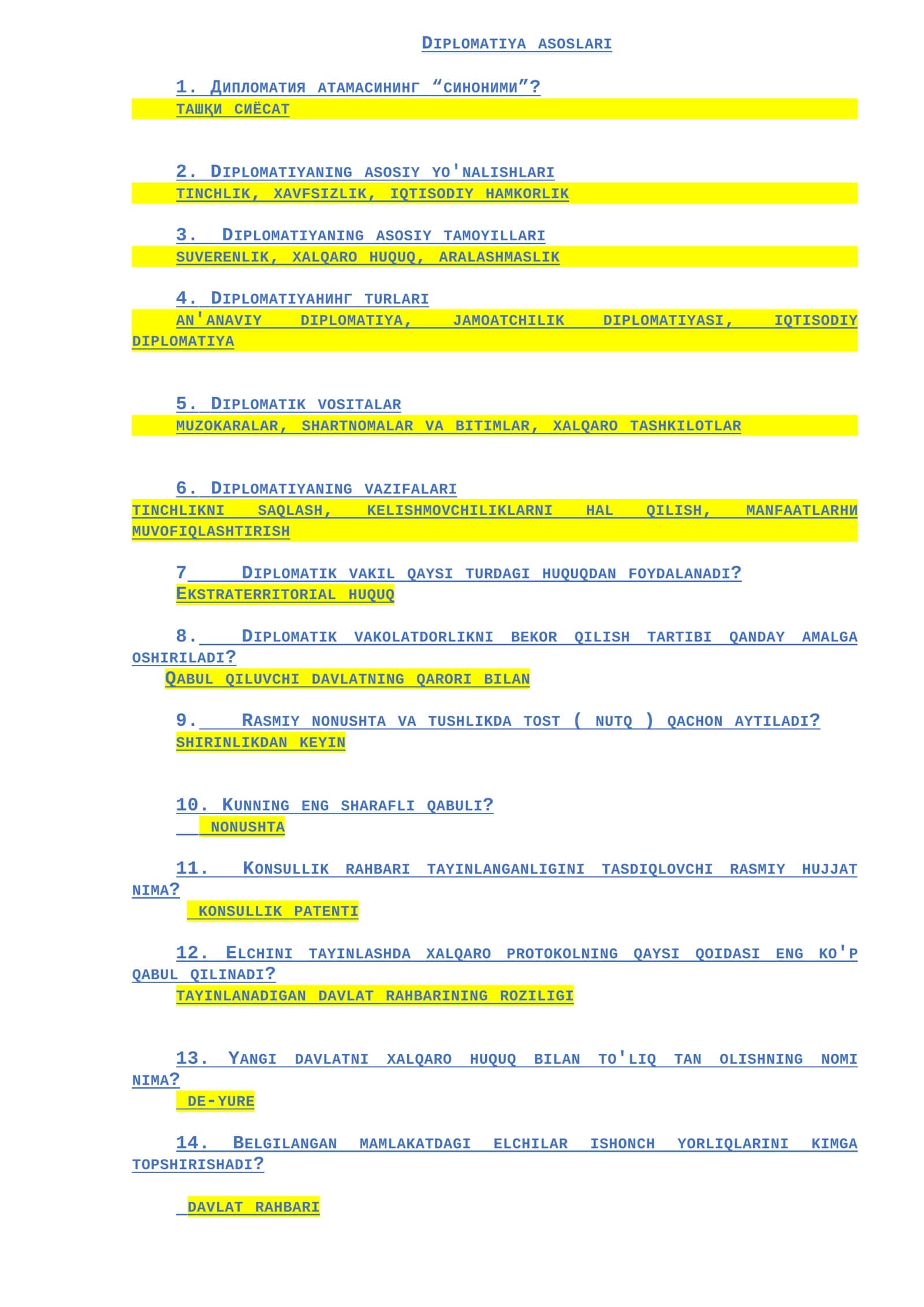 Diplomatik savol va javoblar test 1