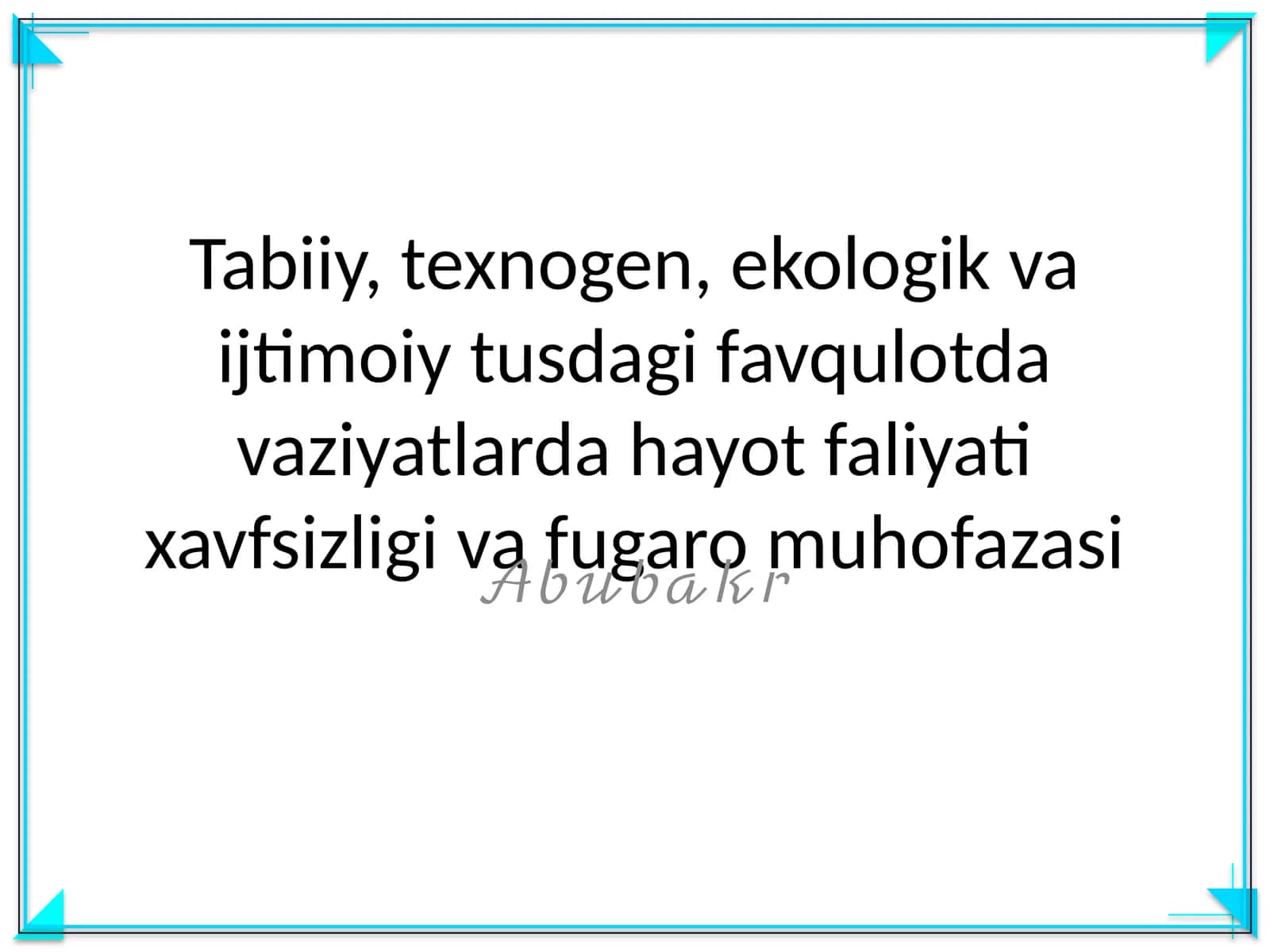 Tabiiy, texnogen, ekologik va ijtimoiy tusdagi favqulotda vaziyatlarda hayot faliyati xavfsizligi va fugaro muhofazasi 1