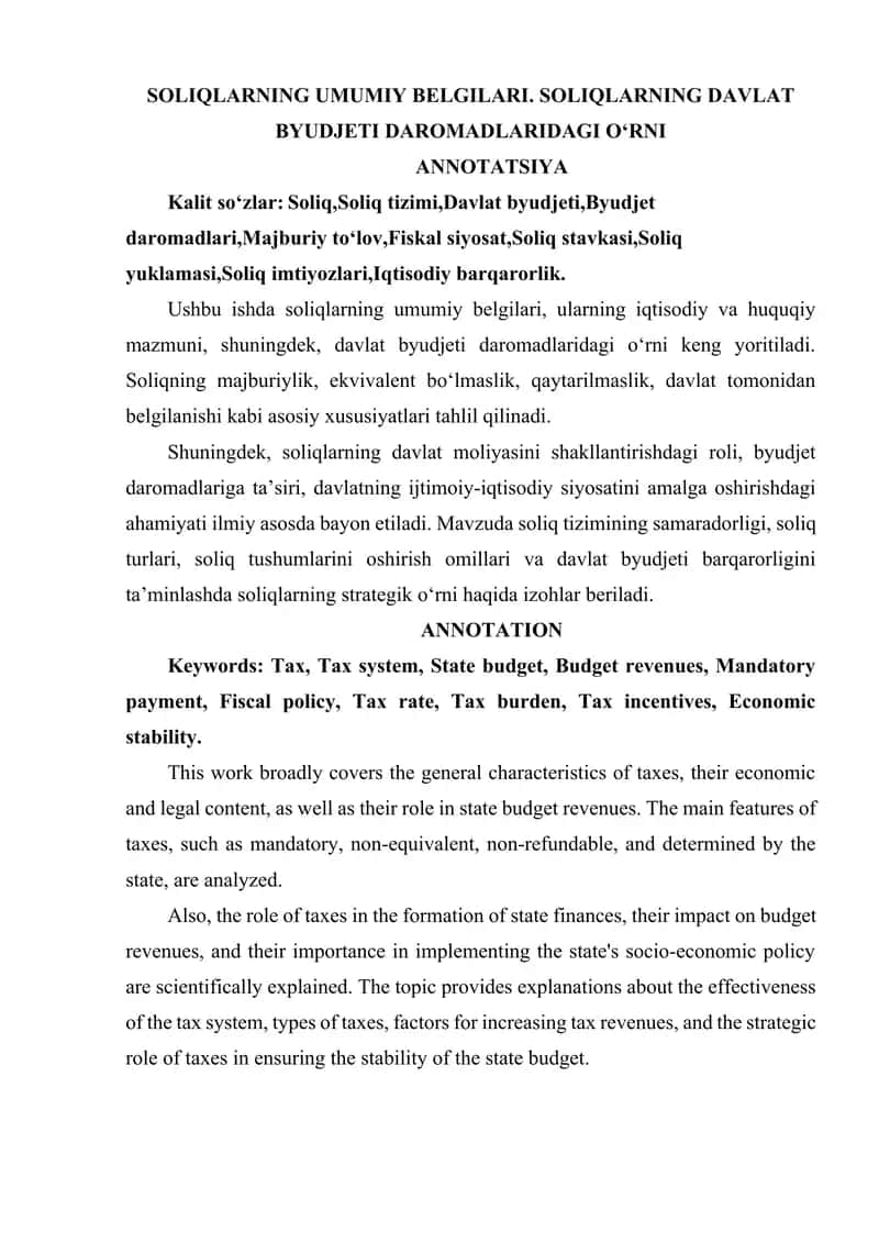 SOLIQLARNING UMUMIY BELGILARI. SOLIQLARNING DAVLAT BYUDJETI DAROMADLARIDAGI O‘RNI 1