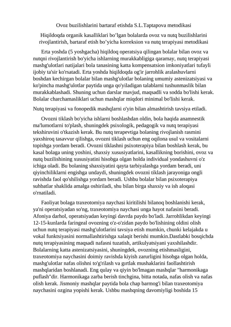Ovoz buzilishlarini bartaraf etishda S.L.Taptapova metodikasi 1