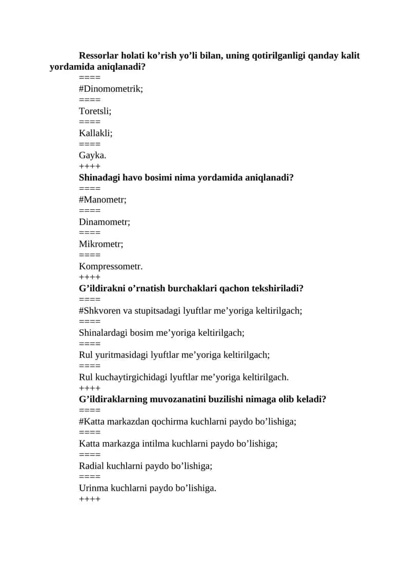 Ressorlar holati ko’rish yo’li bilan, uning qotirilganligi qanday kalit yordamida aniqlanadi? 1