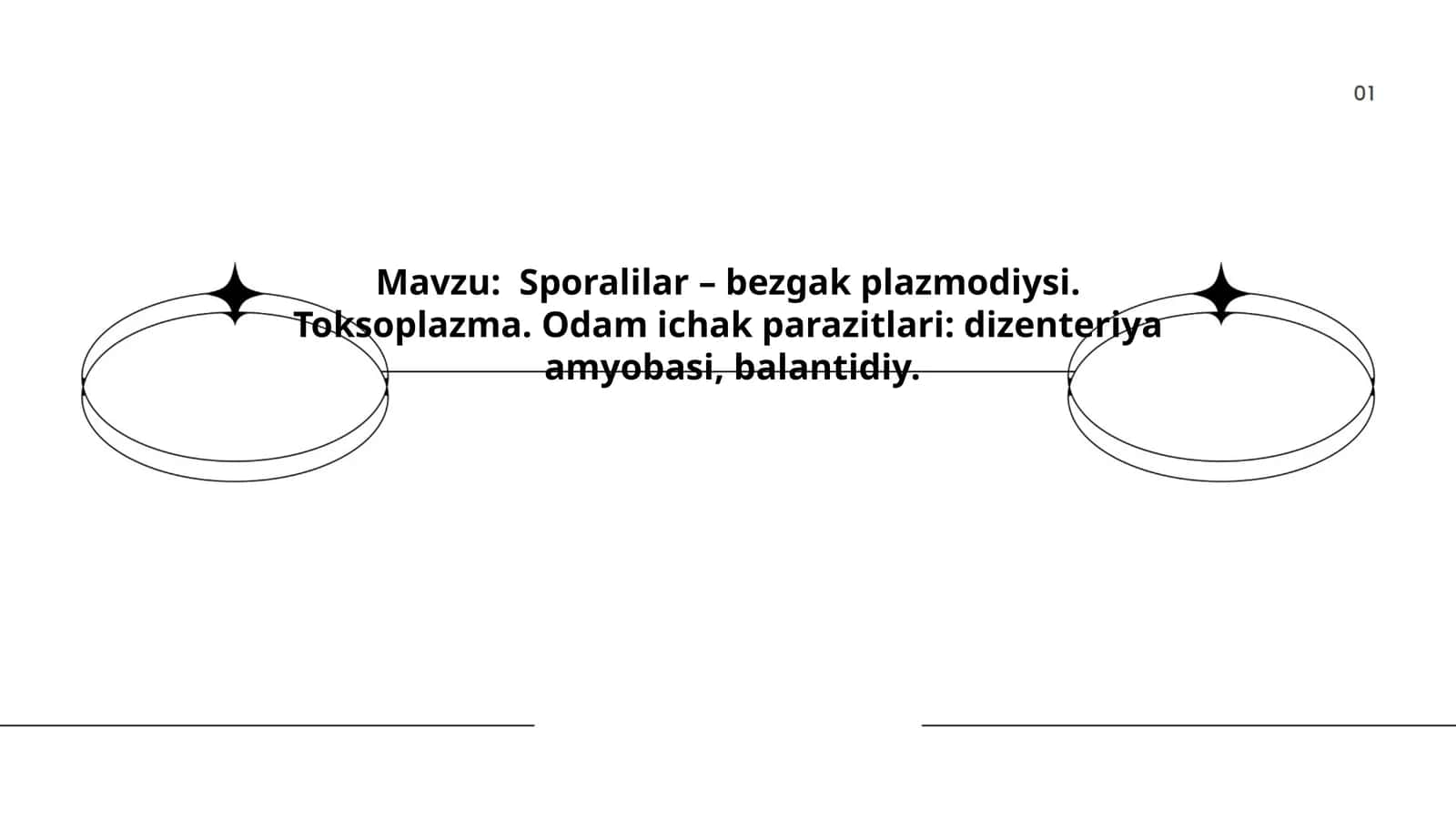 Sporalilar – bezgak plazmodiysi. Toksoplazma. Odam ichak parazitlari, dizenteriya  amyobasi, balantidiy 1