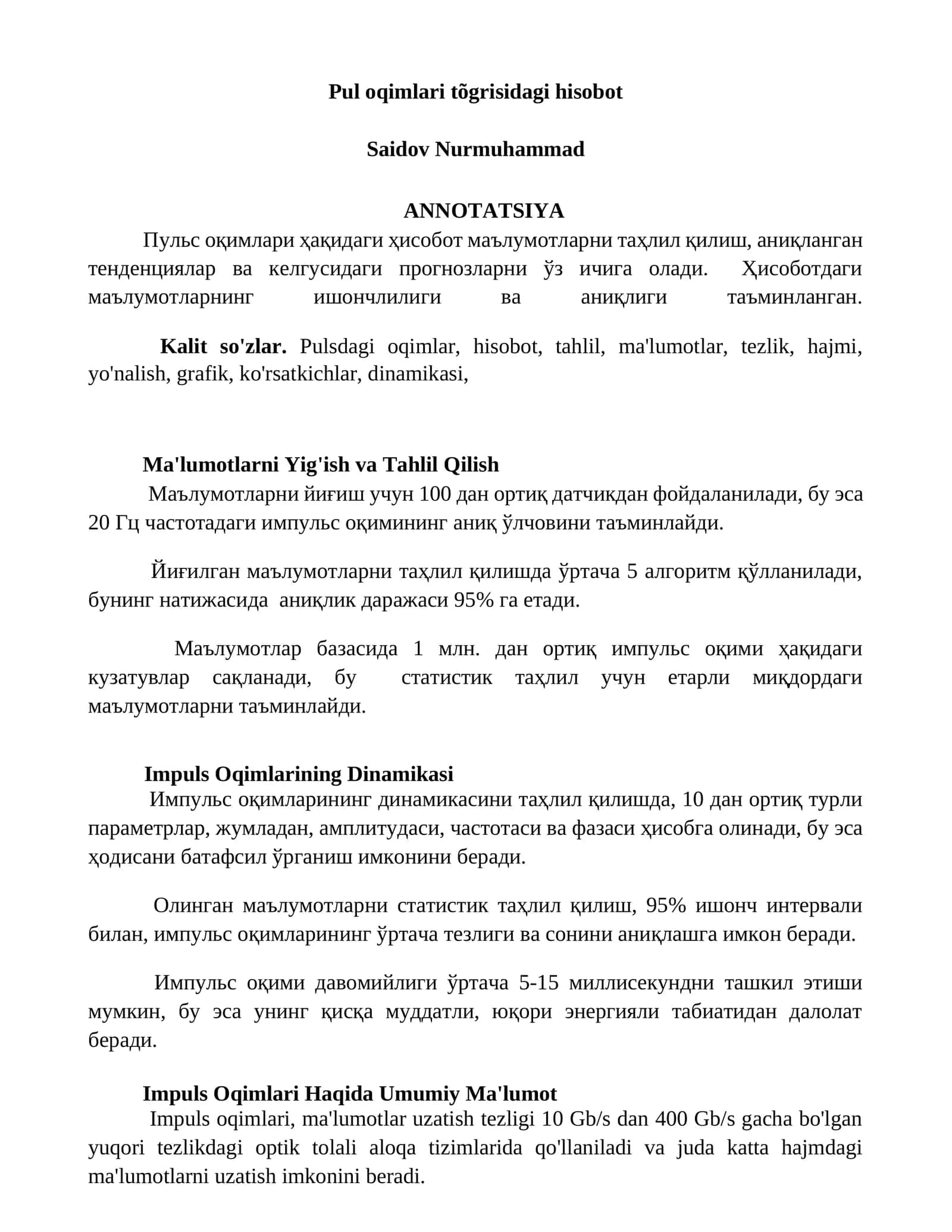 Pul oqimlari tõgrisidagi hisobot 1