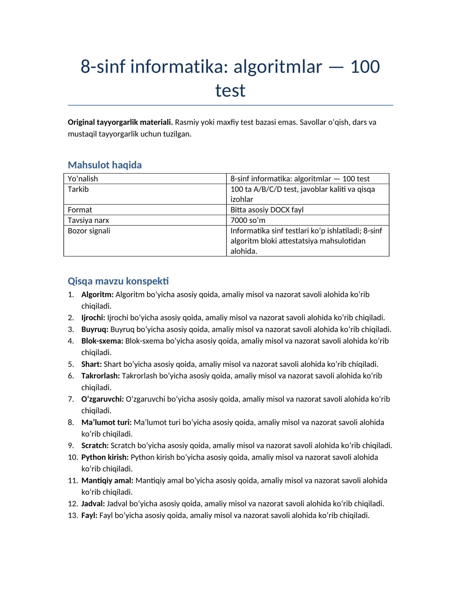 8-sinf informatika: algoritmlar - 100 test 1