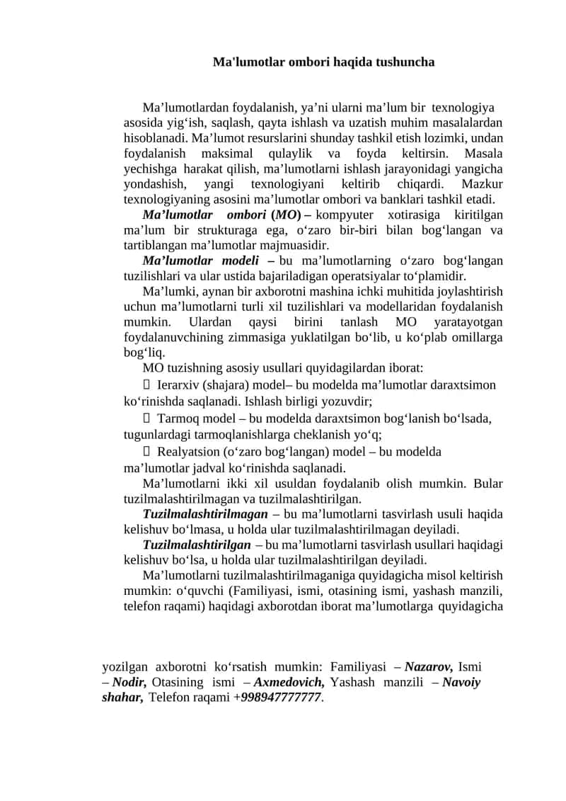 Ma'lumotlar ombori haqida tushuncha 1