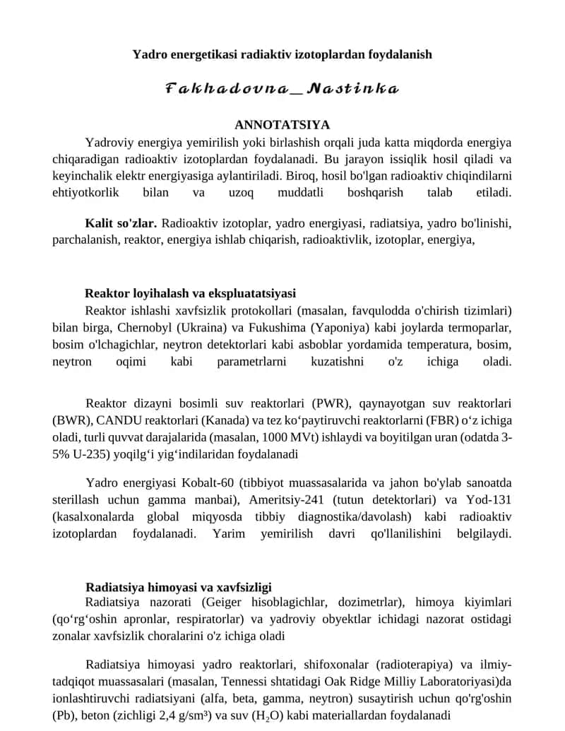 Yadro energetikasi radiaktiv izotoplardan foydalanish 1