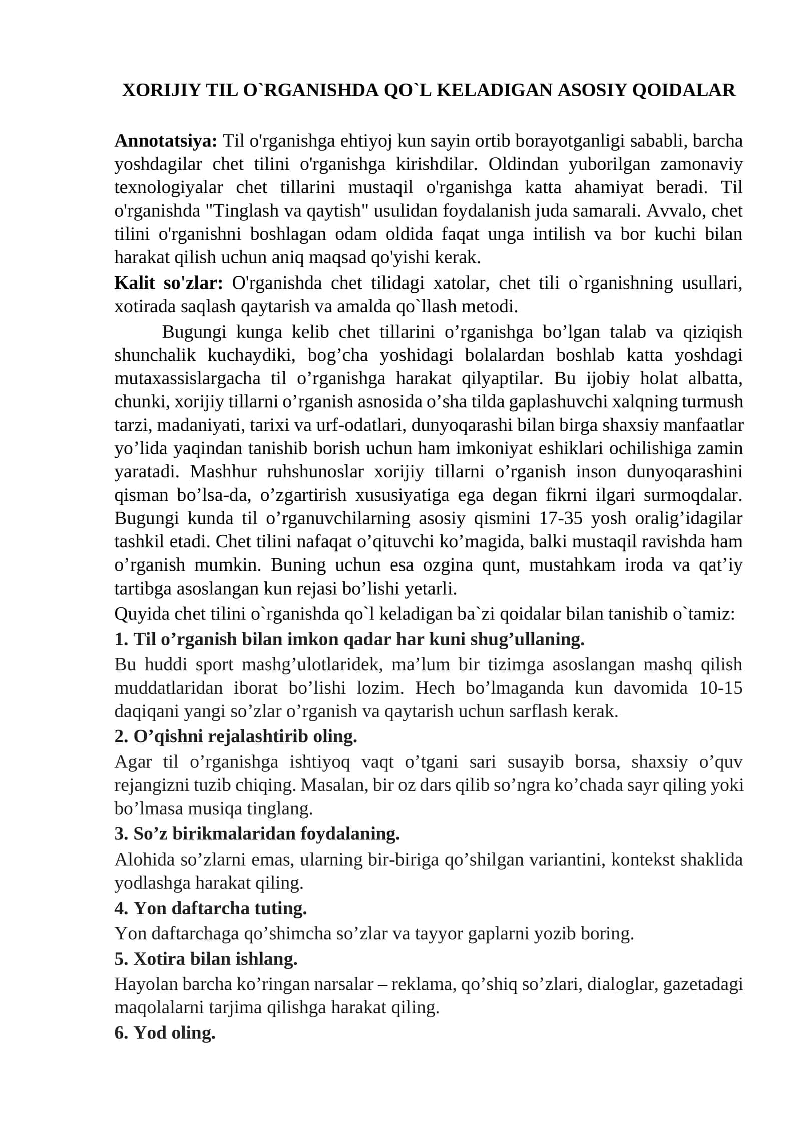 MAQOLA Xorijiy til o`rganishda qo`l keladigan qoidalar 1