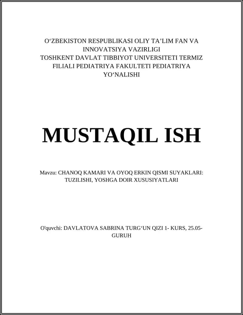 CHANOQ KAMARI VA OYOQ ERKIN QISMI SUYAKLARI: TUZILISHI, YOSHGA DOIR XUSUSIYATLARI 1