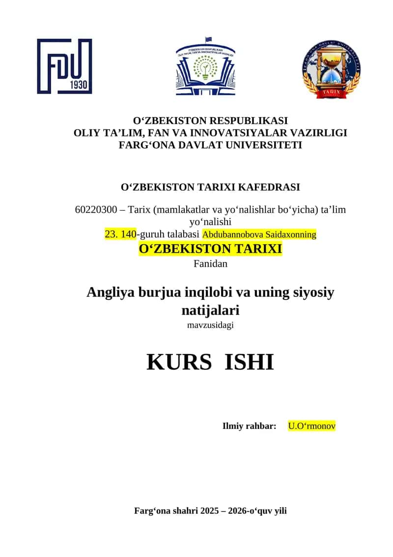 Angliya burjua inqilobi va uning siyosiy natijalari 1