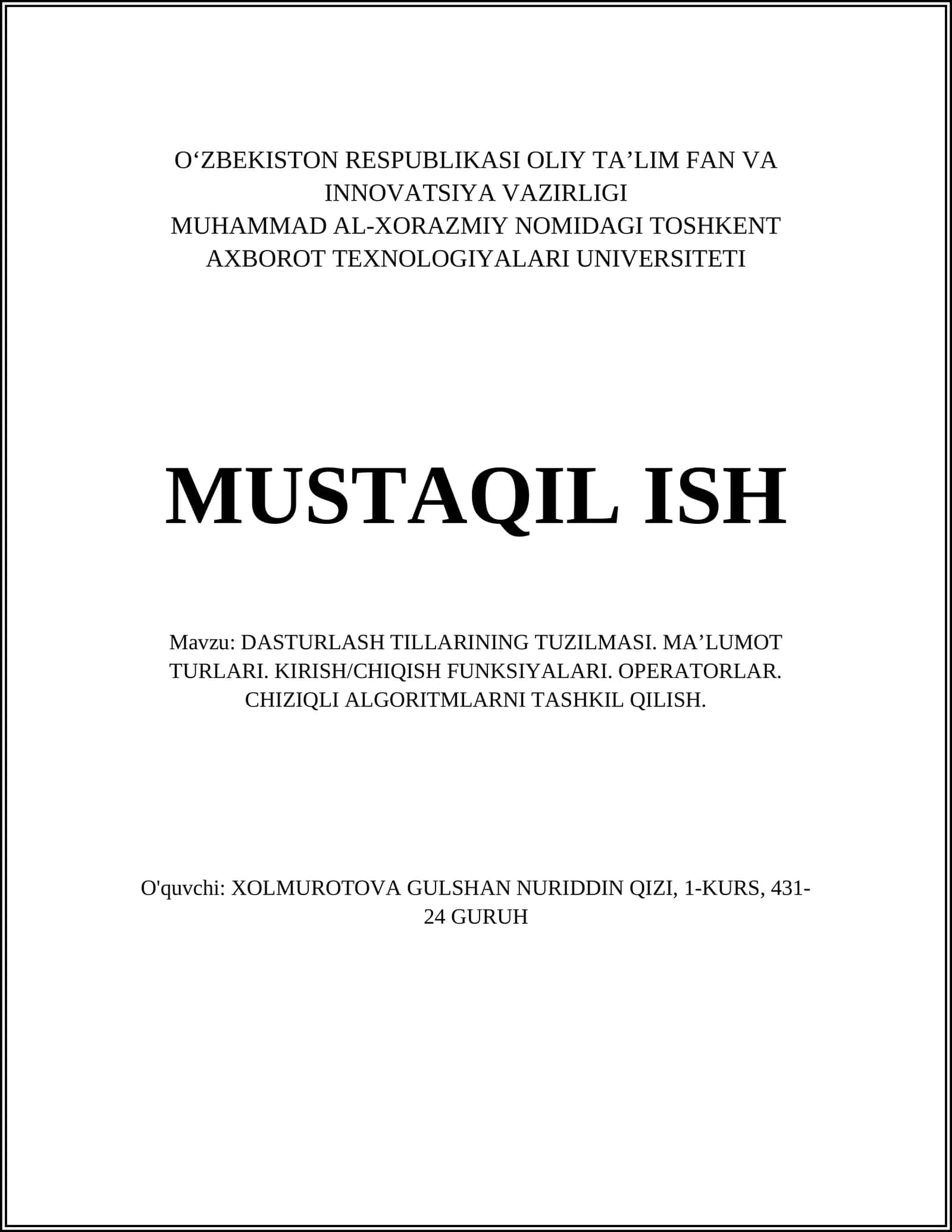 DASTURLASH TILLARINING TUZILMASI. MA’LUMOT TURLARI 1