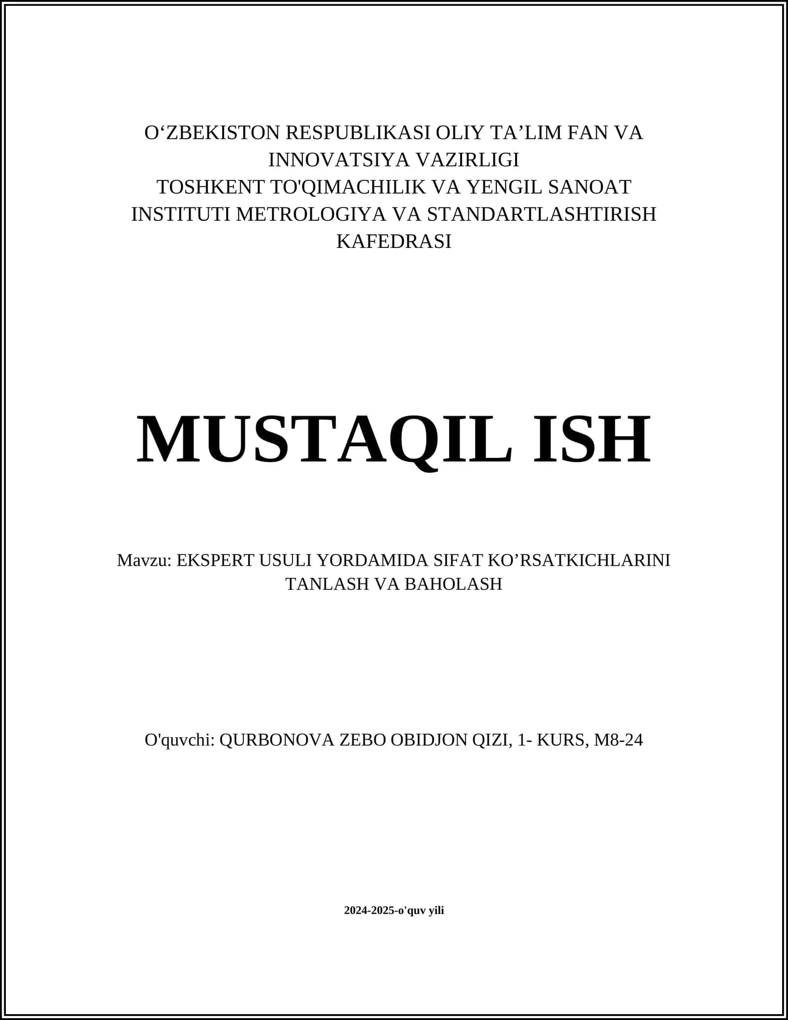 EKSPERT USULI YORDAMIDA SIFAT KO’RSATKICHLARINI TANLASH VA BAHOLASH 1
