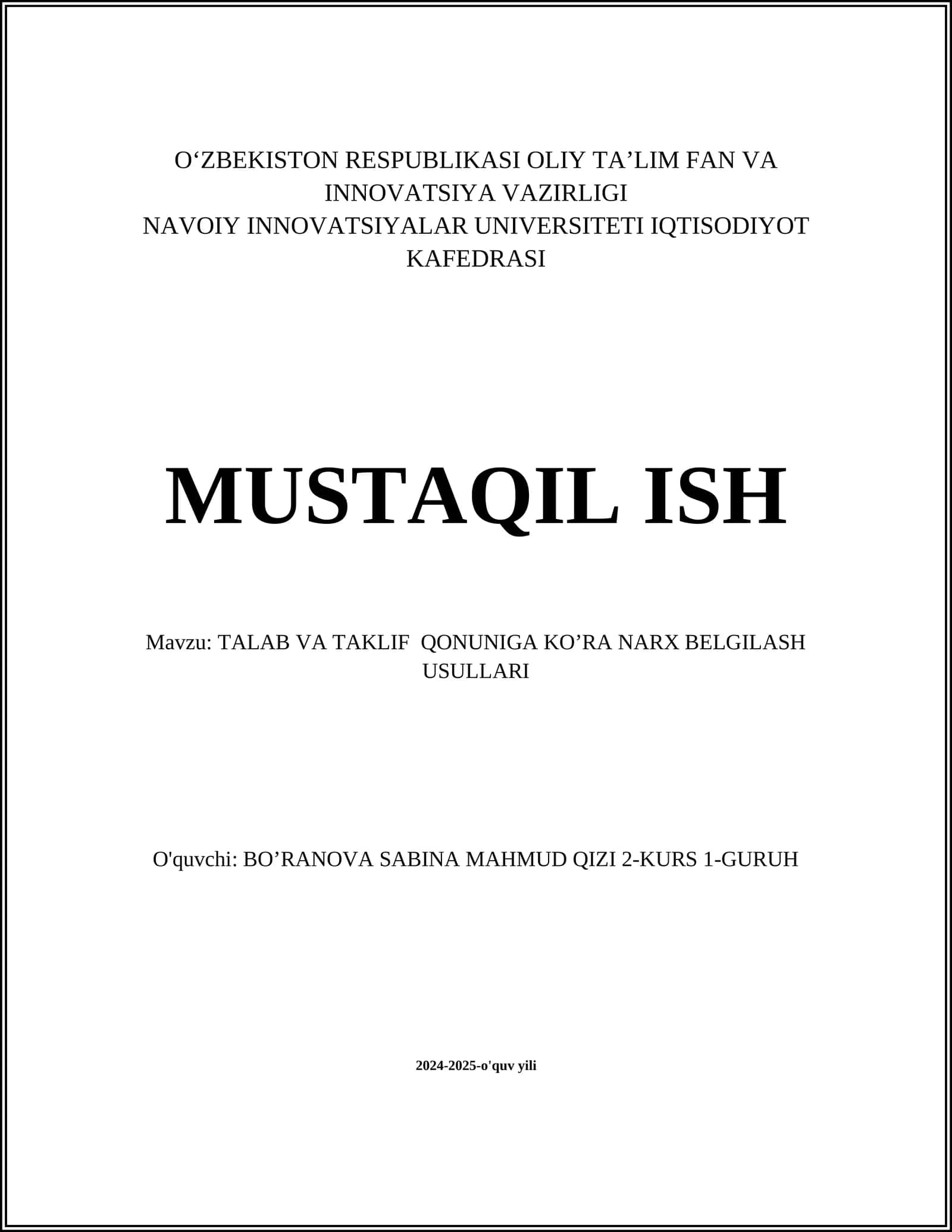 TALAB VA TAKLIF QONUNIGA KO’RA NARX BELGILASH USULLARI 1