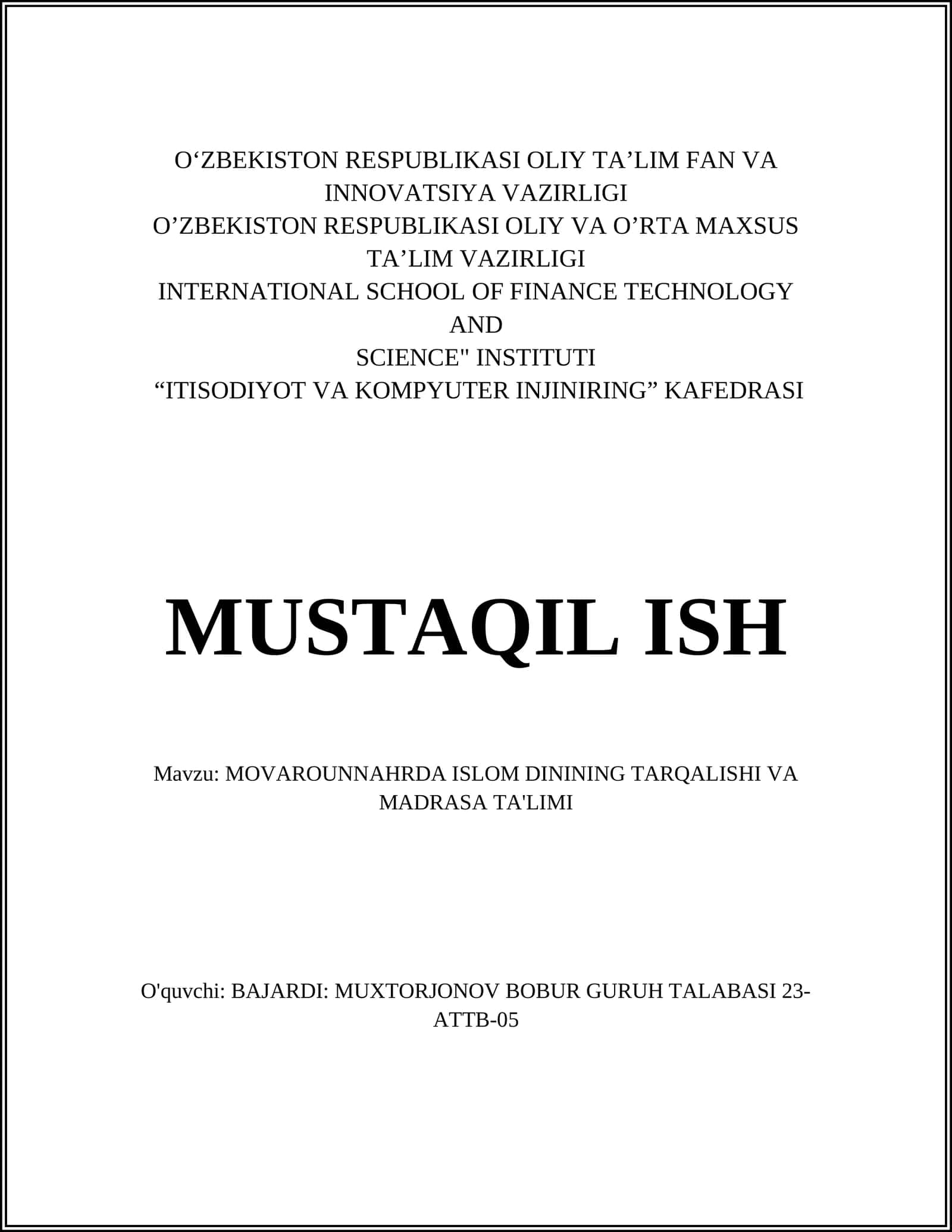 MOVAROUNNAHRDA ISLOM DININING TARQALISHI VA MADRASA TA'LIMI 1