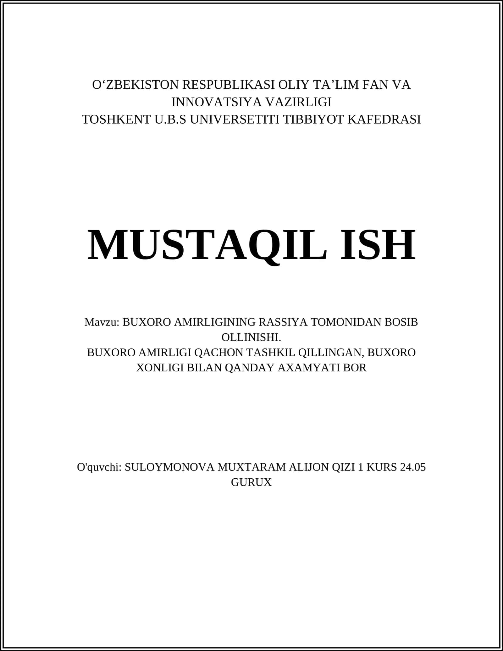 BUXORO AMIRLIGINING RASSIYA TOMONIDAN BOSIB OLLINISHI 1